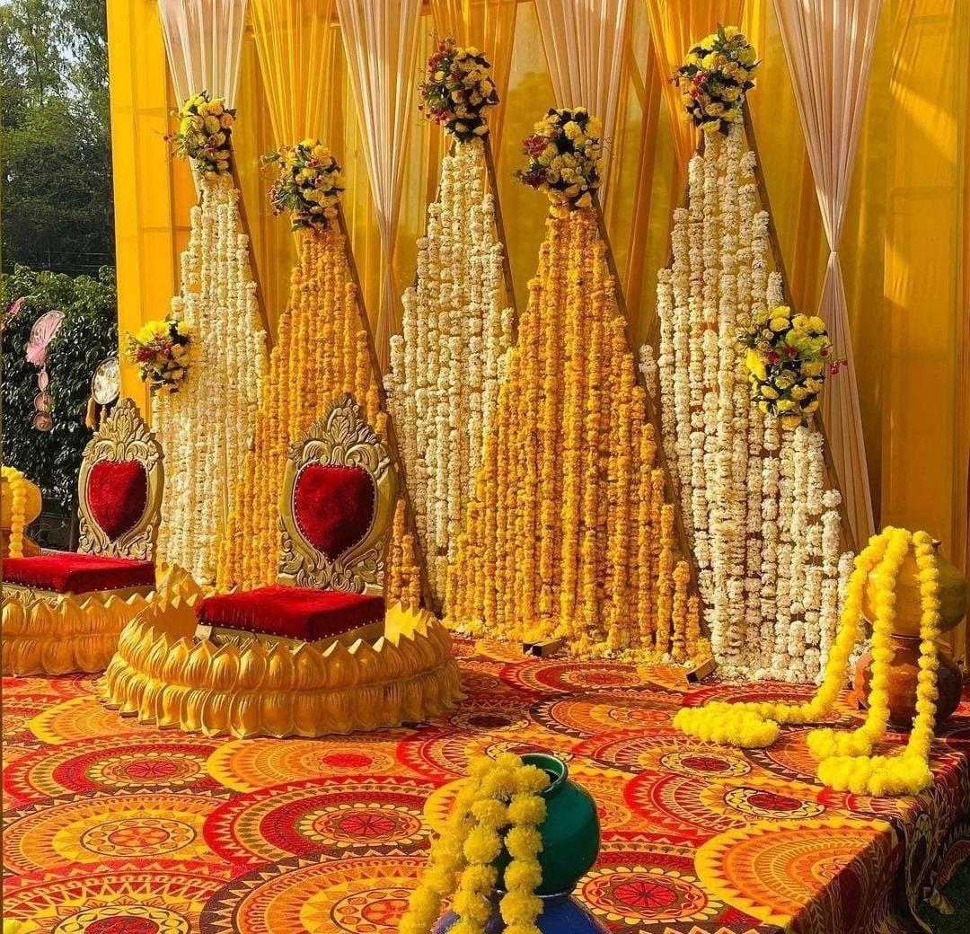 Delhi wedding decoration, haldi mehndi decor, shaadi aura setup