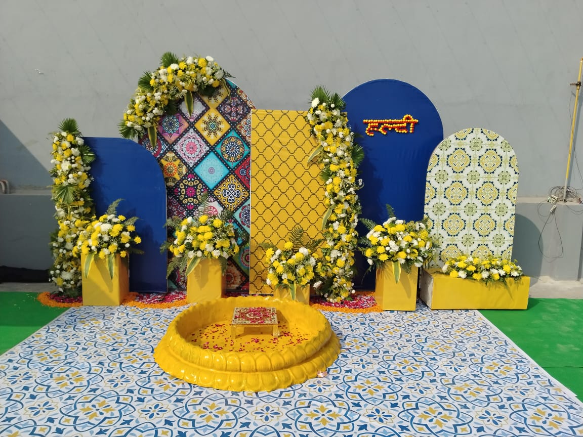 Delhi wedding decoration, haldi mehndi decor, shaadi aura setup